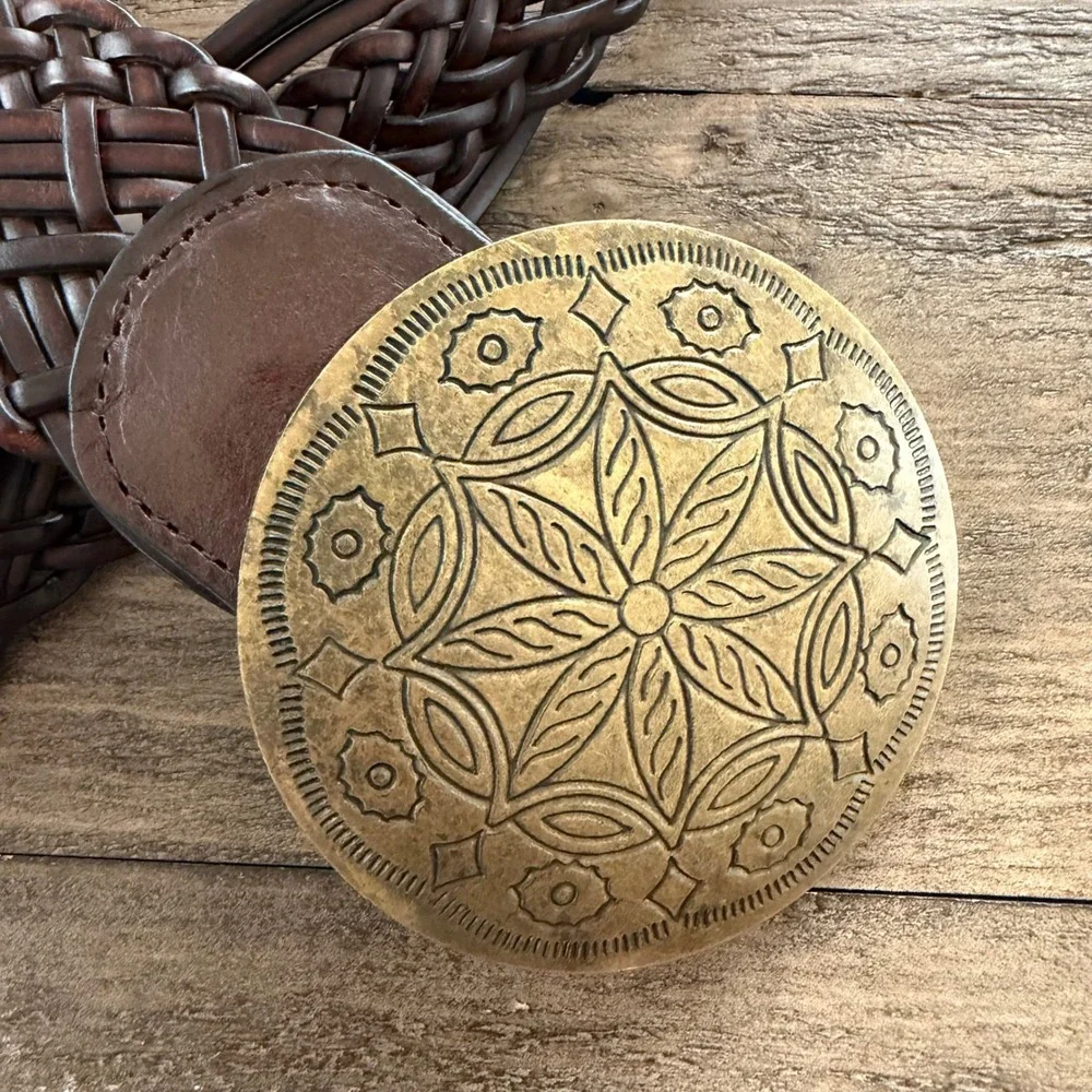 NY‎ & Co Brown Braided Leather Western Belt Antique Brass Medallion Buckle 43